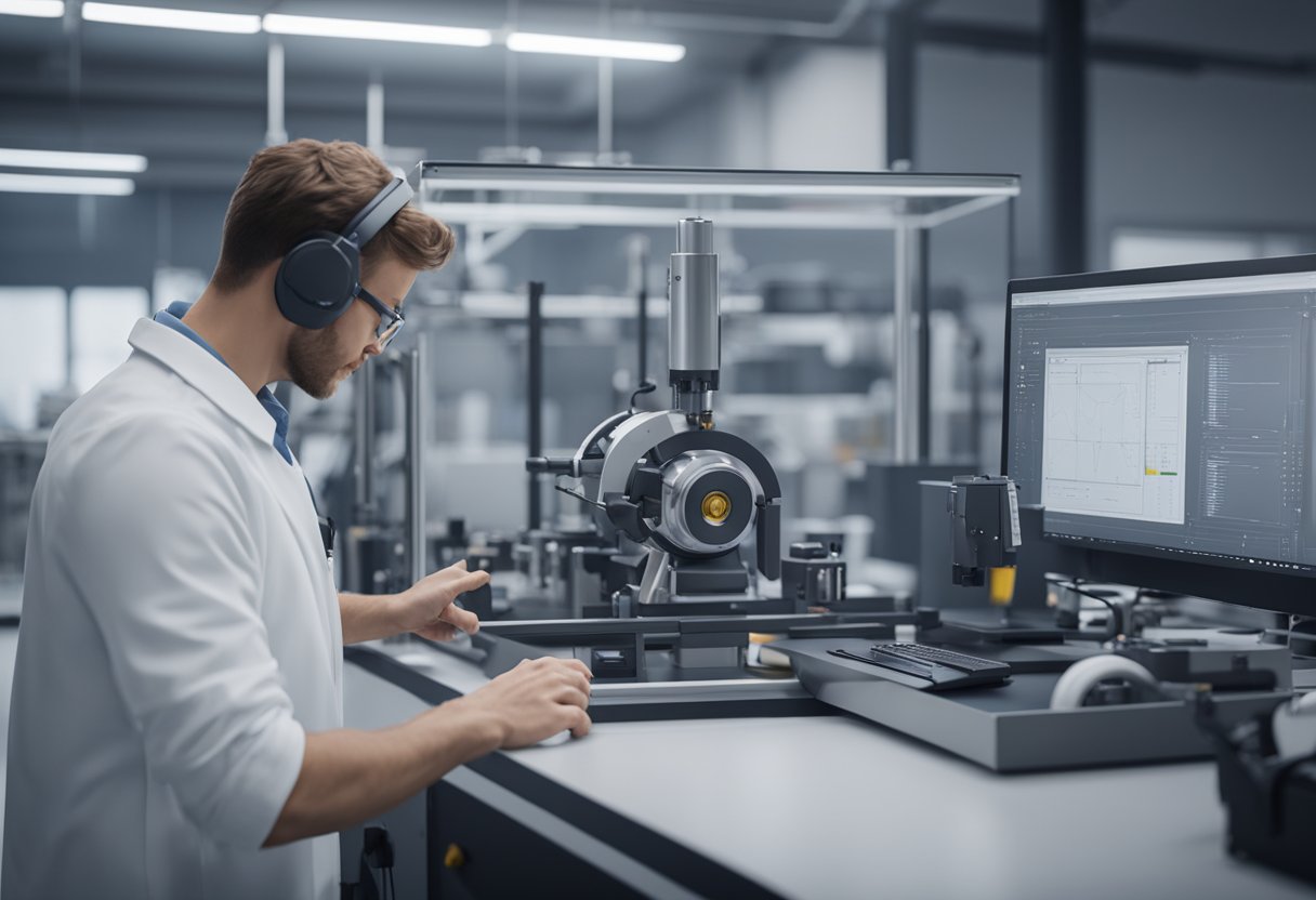 A technician calibrates precision equipment in a clean, well-lit laboratory using advanced metrology software