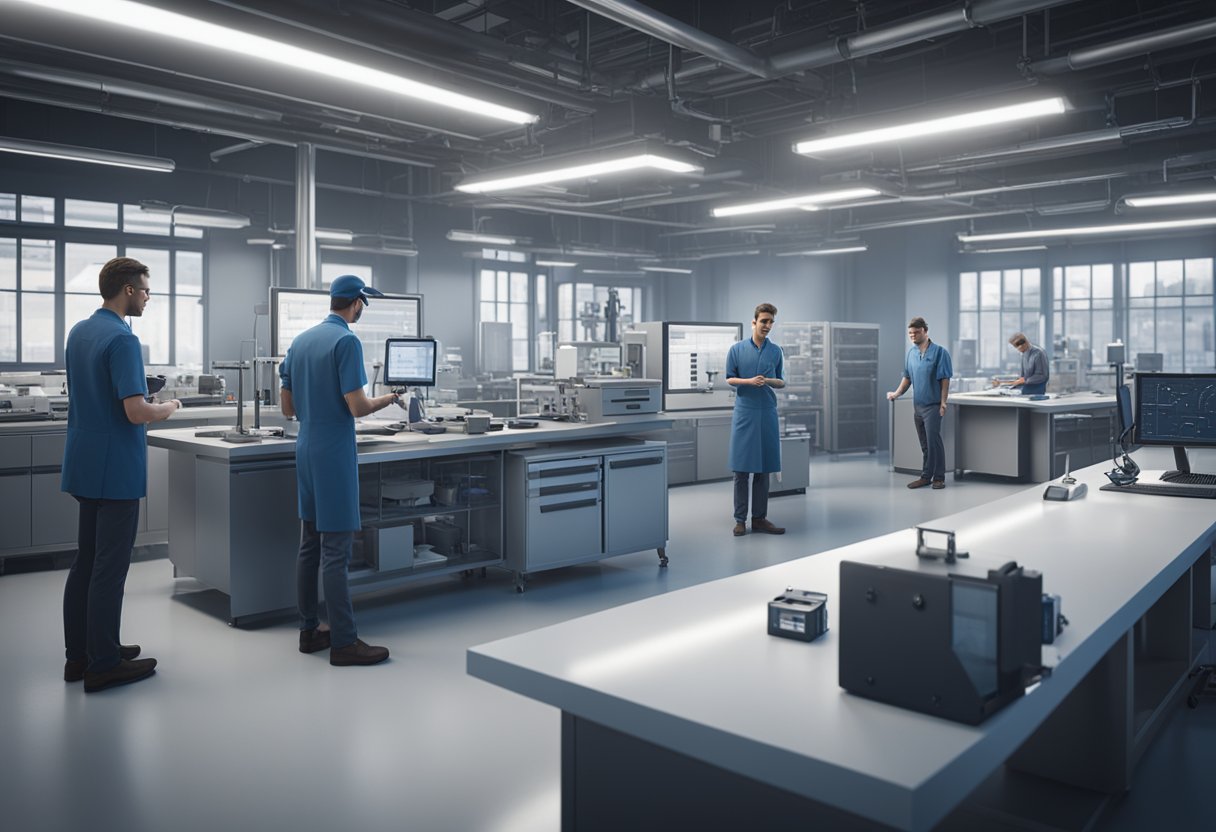 A group of officials inspecting and certifying measurement instruments in a laboratory setting, with precision tools and equipment in the background