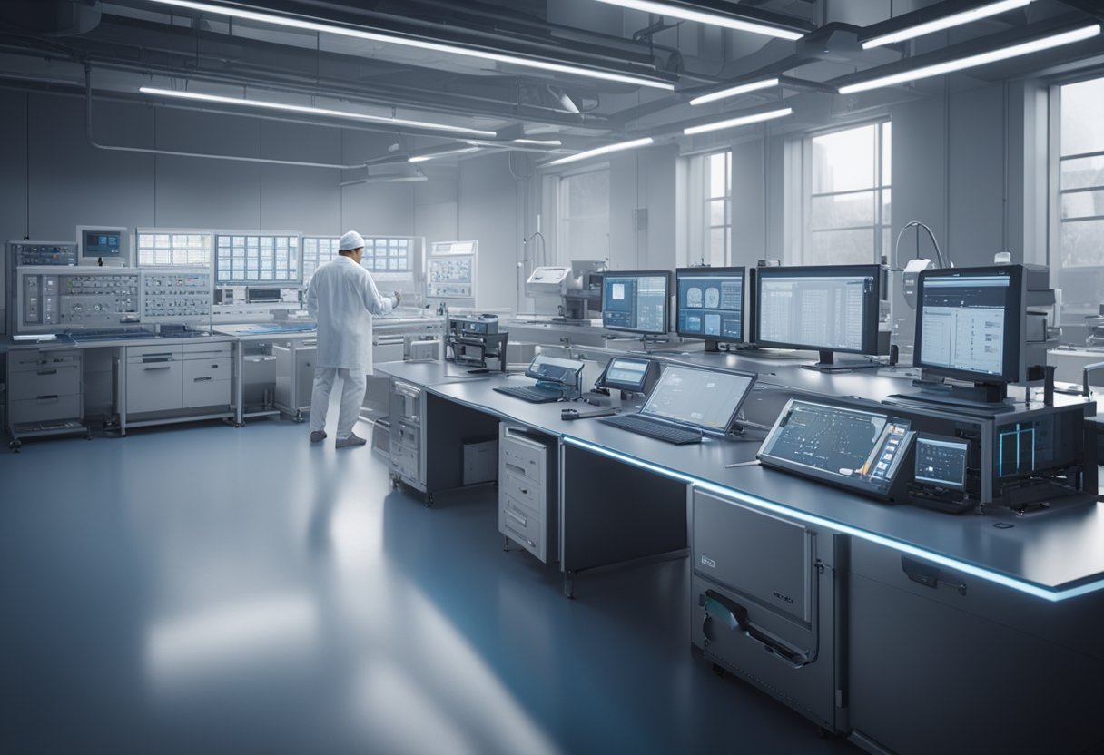 A technician calibrates precision instruments in a sterile laboratory setting, surrounded by advanced measurement equipment and computer screens