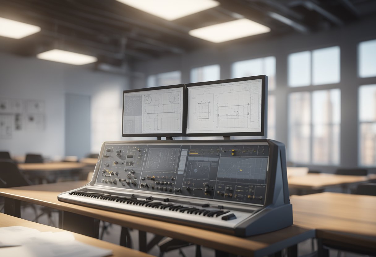 A precision measuring instrument surrounded by technical drawings and diagrams in a well-lit classroom