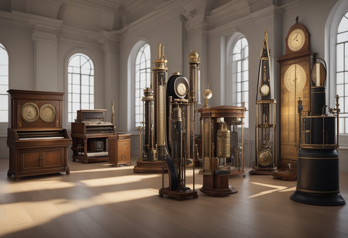 A collection of historical measuring instruments displayed in a museum setting