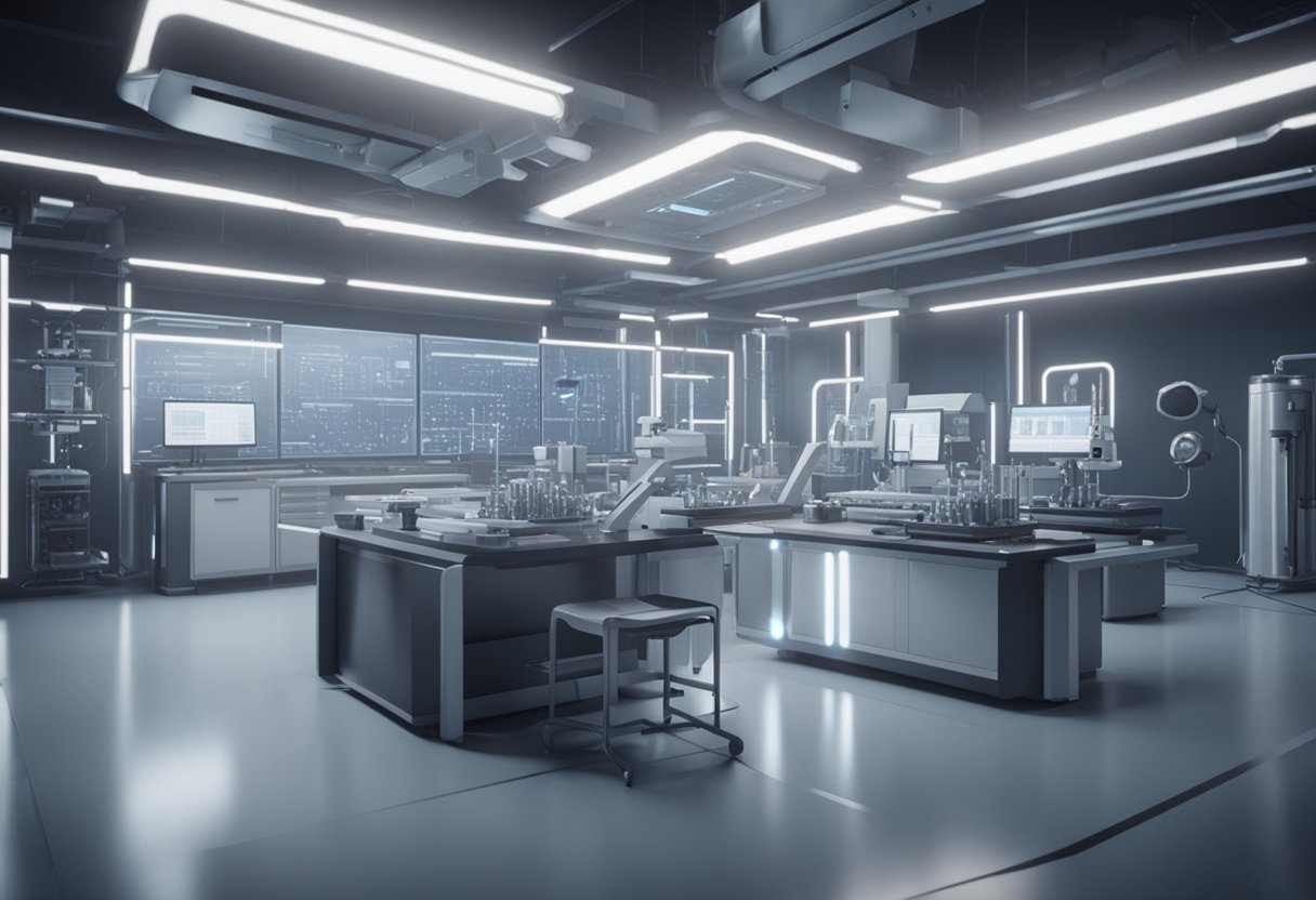 A futuristic laboratory with advanced measurement equipment and precision instruments for dimensional metrology