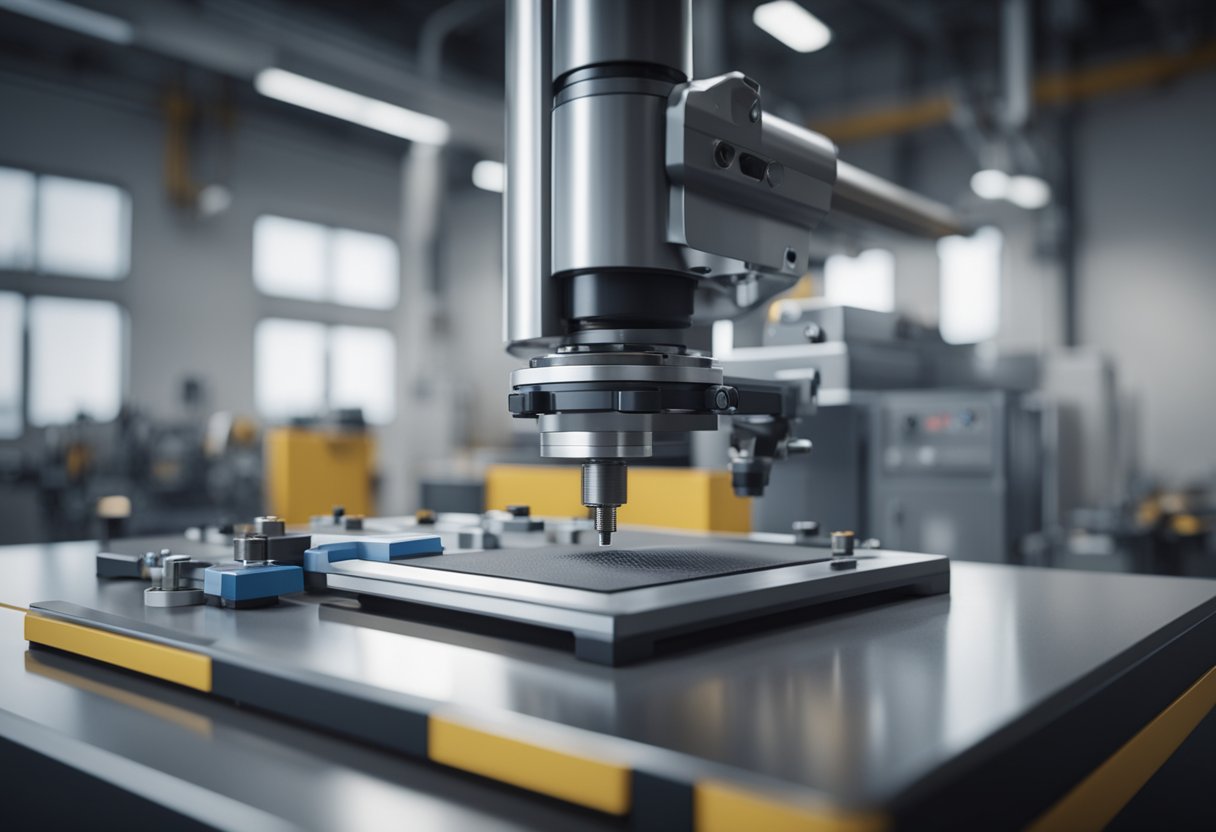 A precision measuring tool inspects a small mechanical component on a clean, well-lit workbench in a modern industrial laboratory