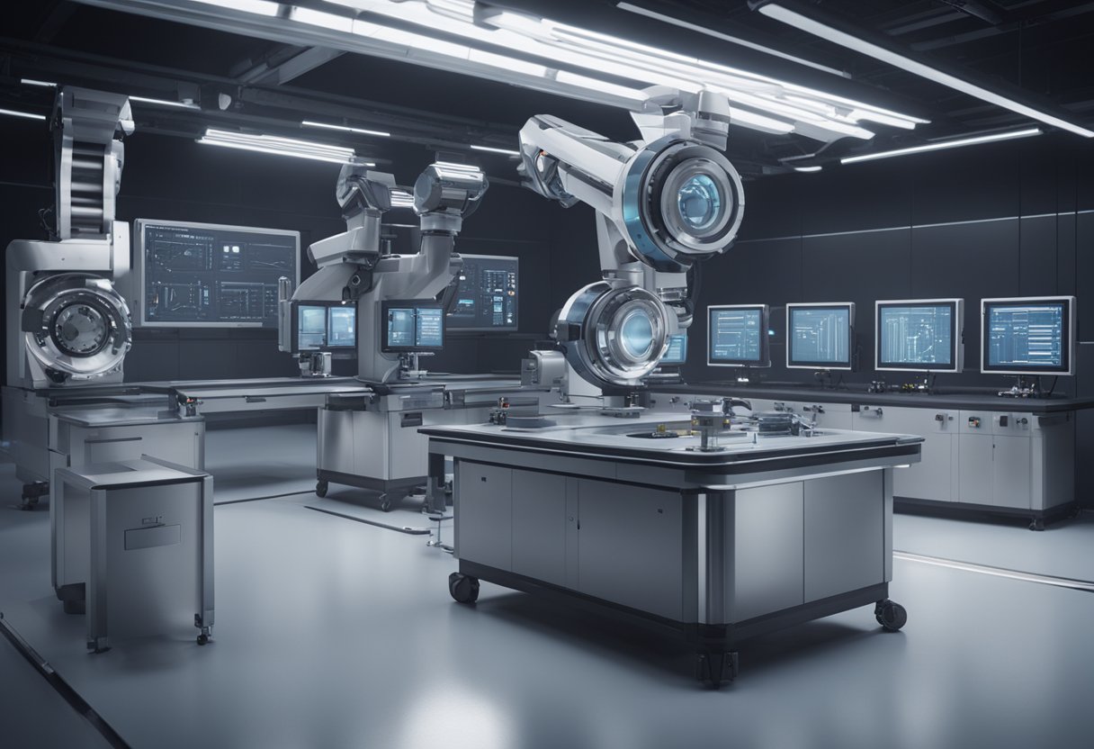 A futuristic metrology inspection lab with advanced equipment and robotic arms, measuring and analyzing precision-engineered components