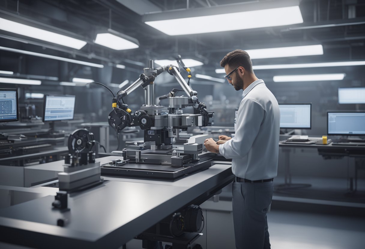 A technician operates a precision metrology inspection machine in a clean, well-lit laboratory setting