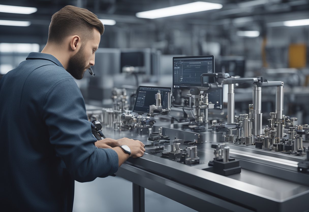 A technician using precision tools to inspect industrial components in a clean, well-lit metrology lab