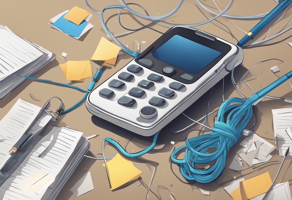 A discarded phone with a disconnected cord lies on the ground, surrounded by scattered papers and a pen