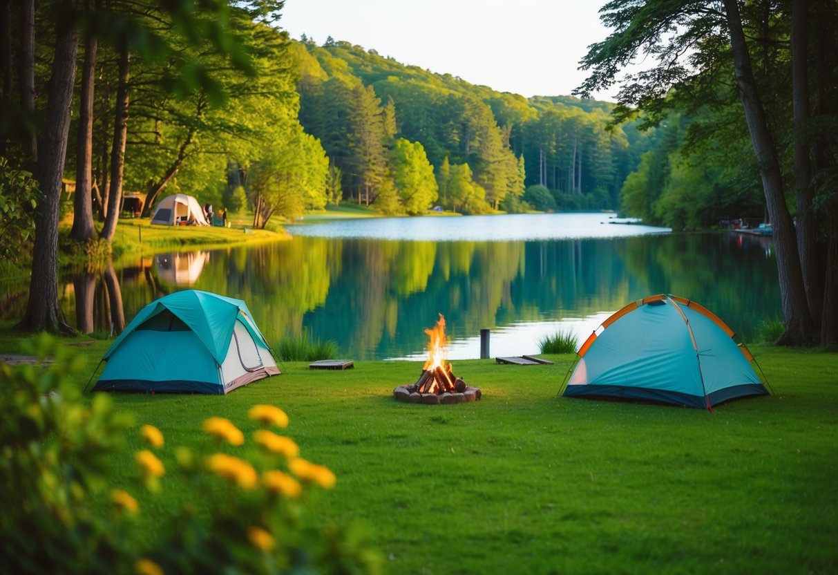 A serene lake surrounded by lush green trees and a cozy camping site with tents and a bonfire