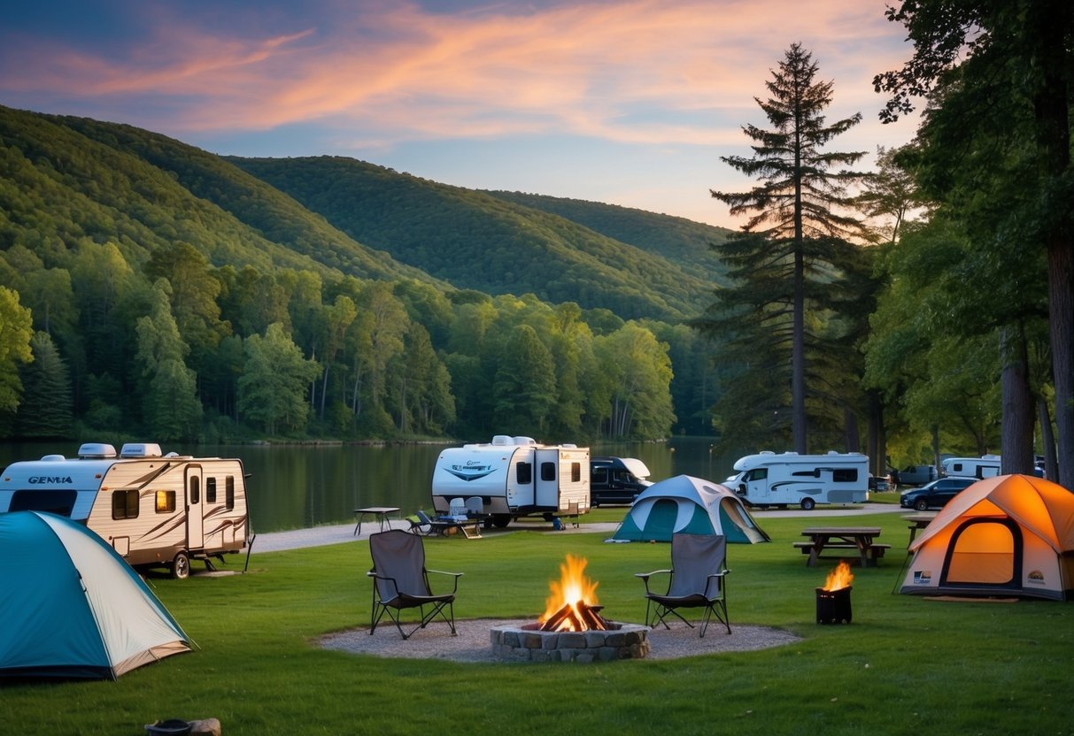 A serene lakeside campground with tents, RVs, and campfires nestled among lush trees and rolling hills at Geneva State Park