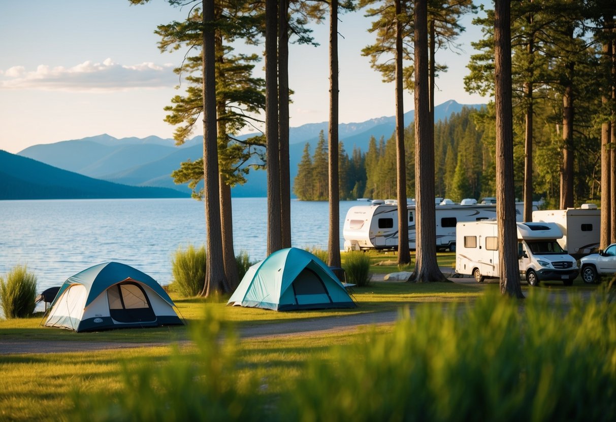 A serene lakeside campground with tents and RVs nestled among tall trees, with a clear view of the sparkling water and distant mountains