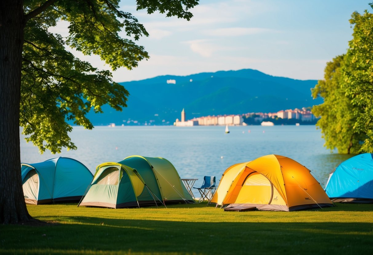 A serene lakeside campground with colorful tents, lush trees, and a clear view of the Geneva on the Lake