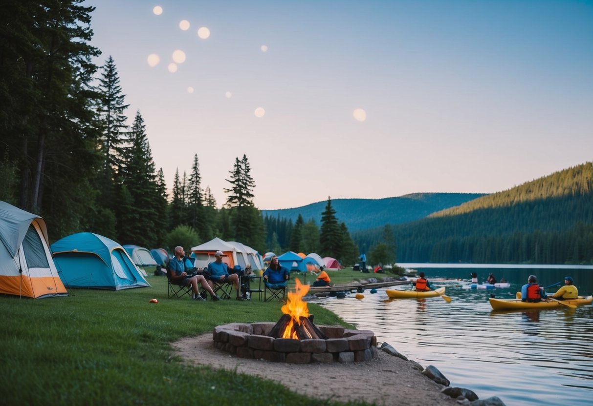 A serene lakeside campground with tents, campfires, and people enjoying activities like hiking, fishing, and kayaking