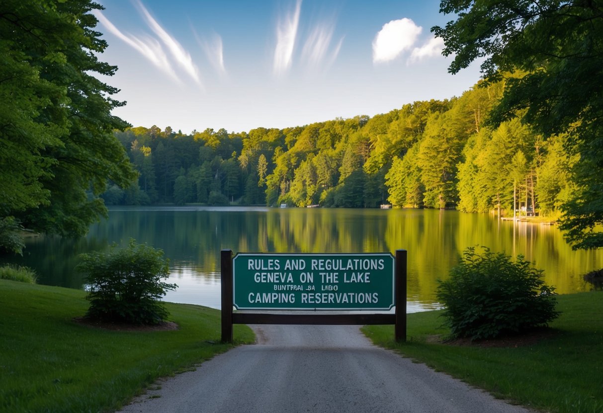 A serene lake surrounded by lush green trees, with a sign displaying "Rules and Regulations Geneva On The Lake Camping Reservations" at the entrance