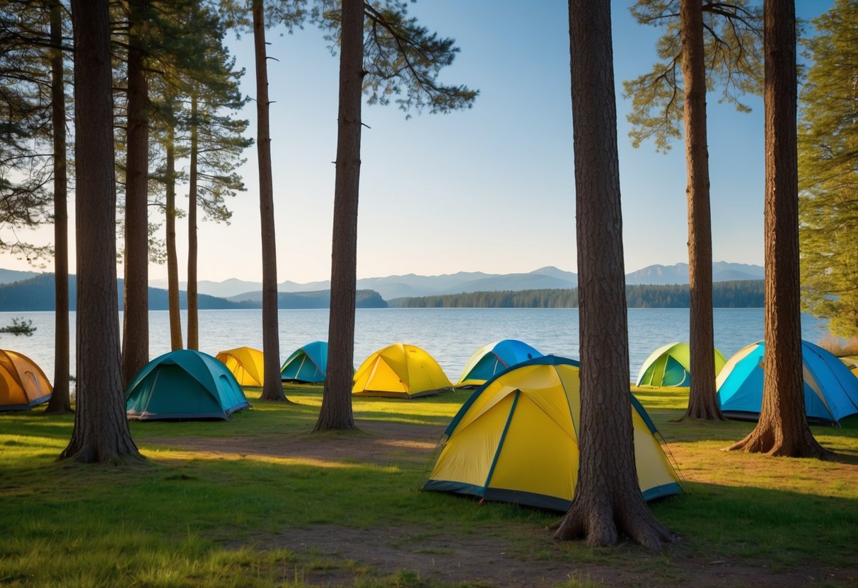 A serene lakeside campground with colorful tents nestled among tall trees, with a clear view of the shimmering water and distant mountains