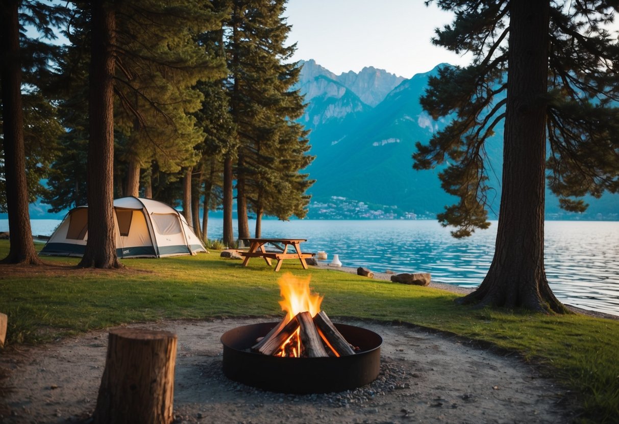 A serene lakeside campsite with tall trees, a crackling campfire, and a clear view of the surrounding mountains at Geneva On The Lake