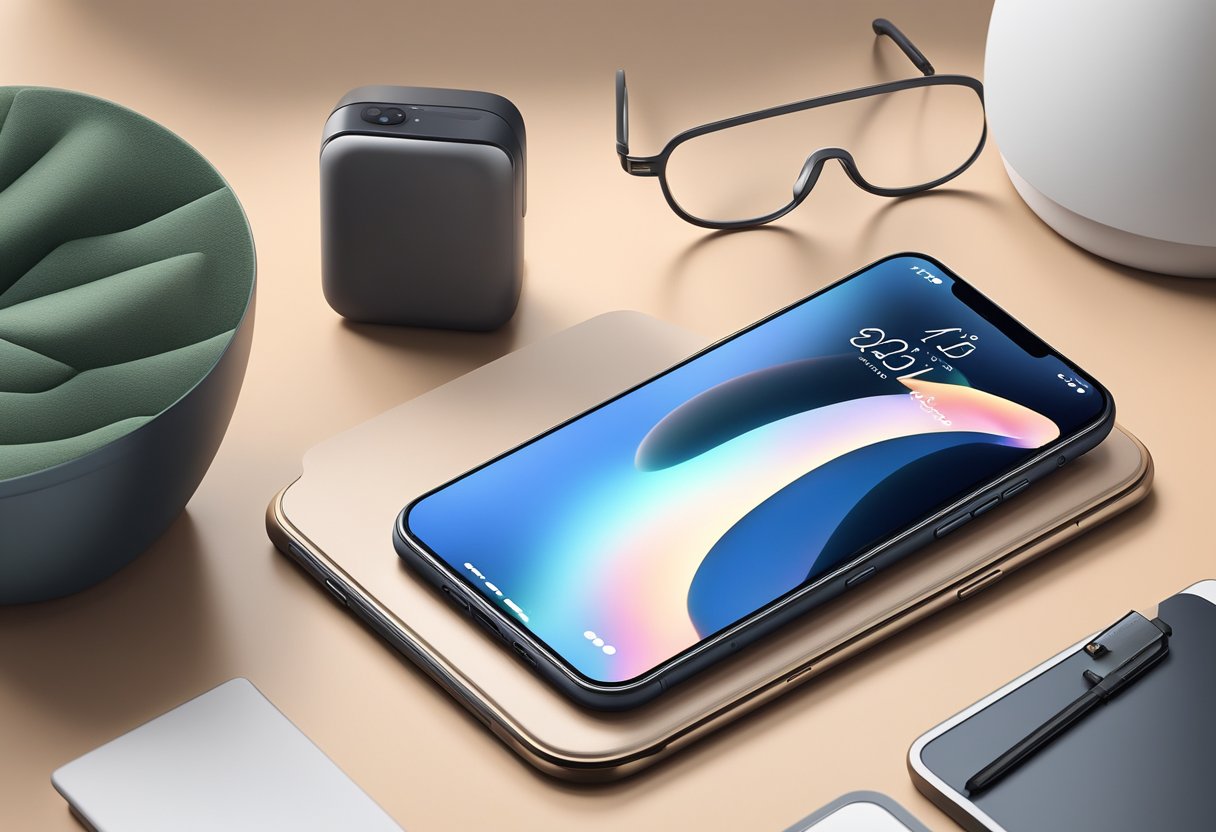 A sleek Apple iPhone 16 Pro sits on a modern, minimalist desk, surrounded by high-tech gadgets and accessories. The phone is illuminated by a soft, ambient light, highlighting its connectivity and performance features