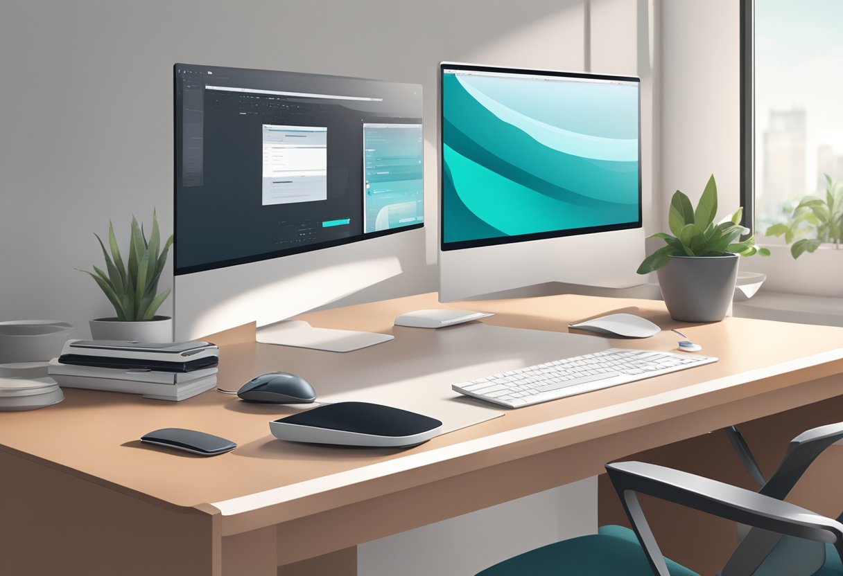 A sleek, modern desk with a computer monitor, keyboard, and mouse. A pair of Apple Vision Pro glasses rests on the desk next to the computer