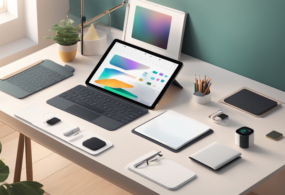 A sleek iPad with a Magic Keyboard attached, surrounded by Apple Pencil and other accessories on a clean, modern desk