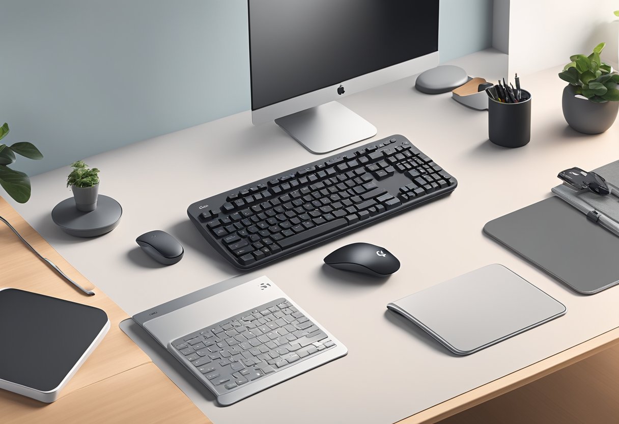 A sleek Logitech ERGO K860 keyboard sits next to Apple Vision Pro accessories on a modern desk