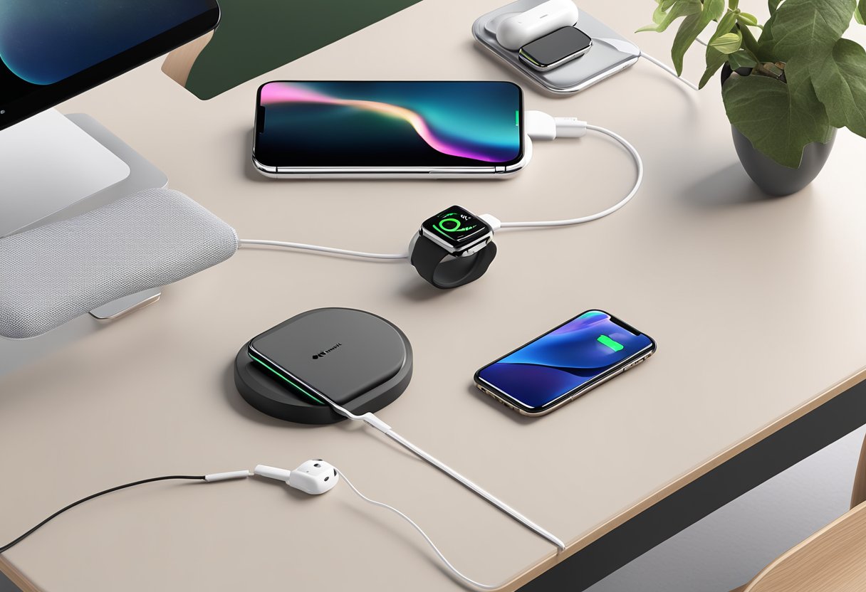 A sleek desk with an iPhone, AirPods, and Apple Watch placed on a Belkin BoostCharge Pro 3-in-1 Wireless Charger