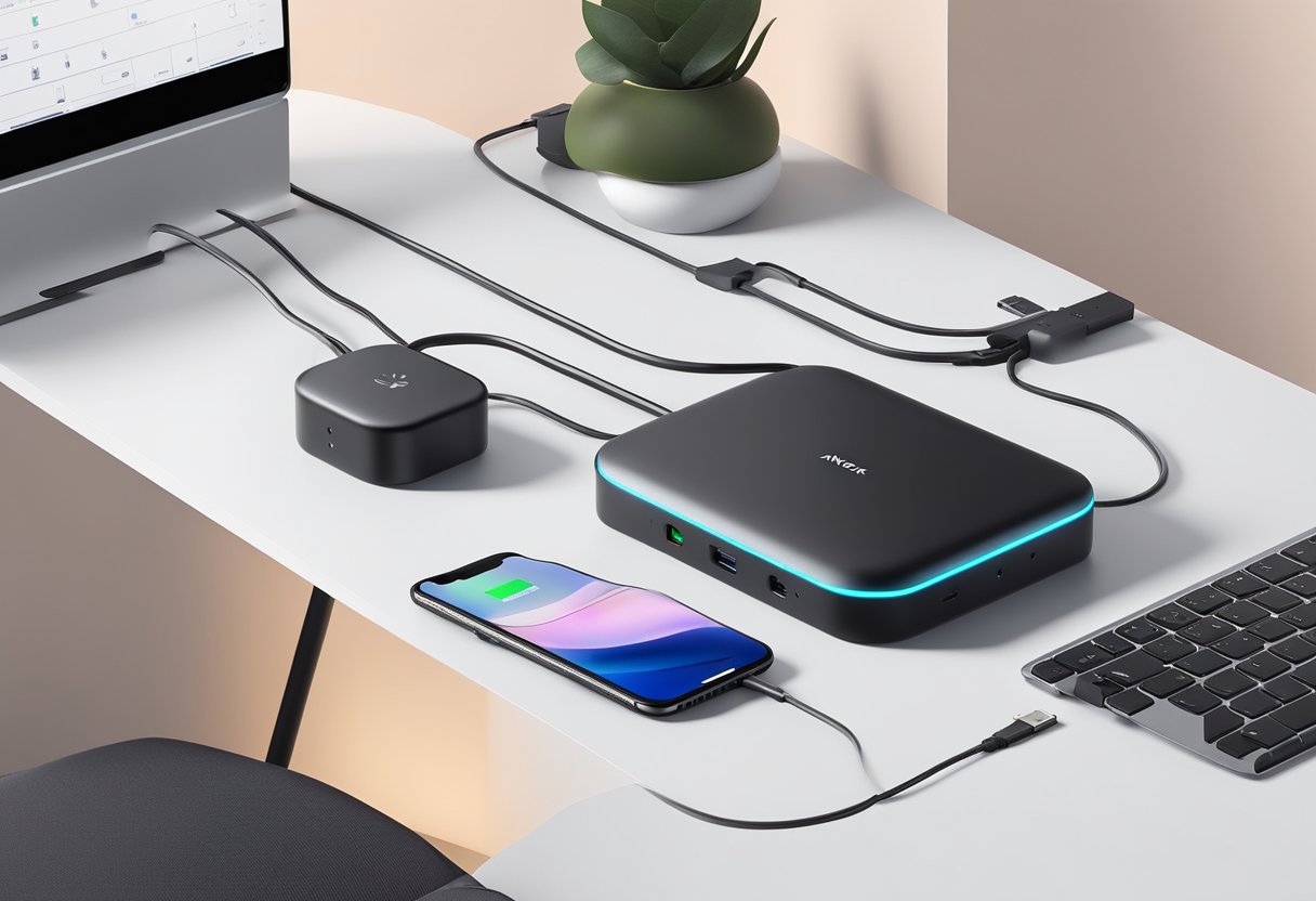 A sleek Anker 4-Port USB-C Hub surrounded by Apple Vision Pro accessories on a clean, modern desk