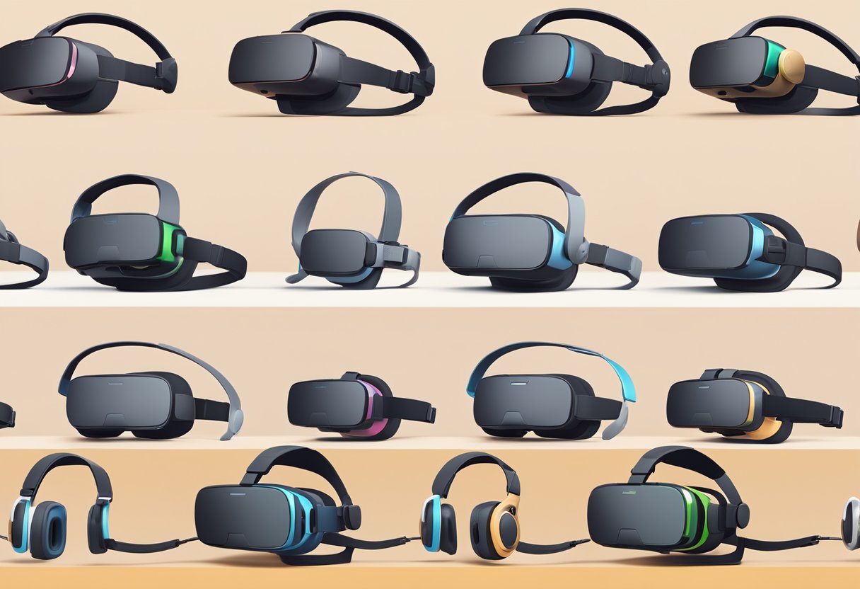 A table displaying six different VR headsets, arranged in a neat row, with each headset facing forward and slightly angled for a dynamic composition