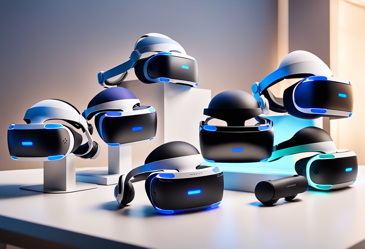 A display of 6 VR headsets, including the PlayStation VR2, arranged on a sleek, modern table in a well-lit room