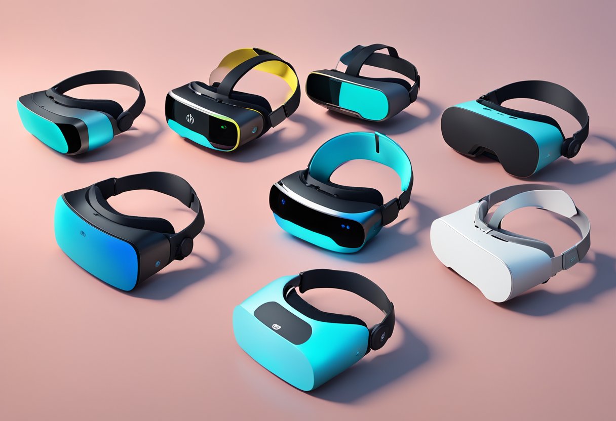 A display of 6 VR headsets, including the HP Reverb G2, arranged in a neat row on a sleek, futuristic tabletop