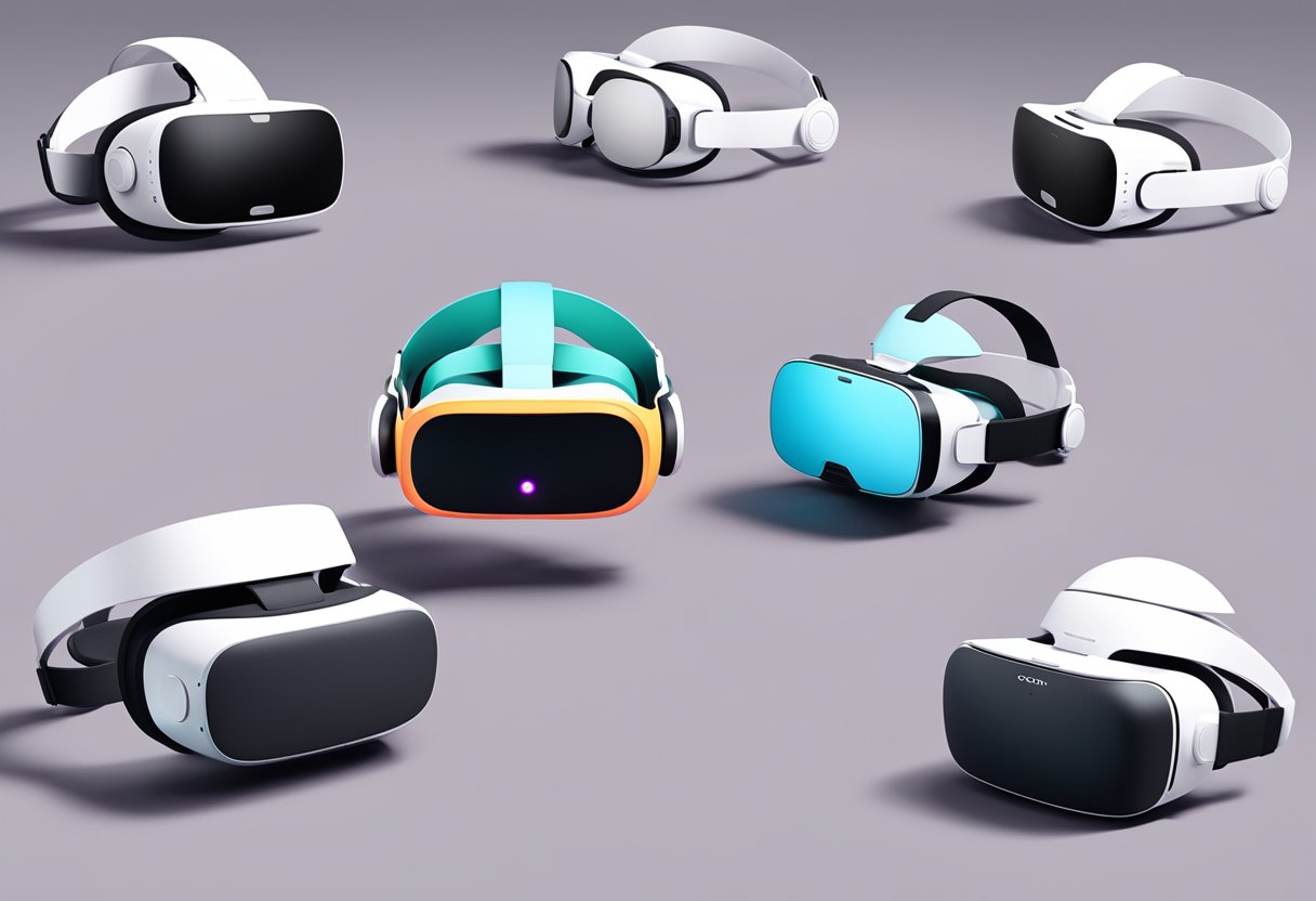 A table with six VR headsets, including the Oculus Quest 2, arranged in a neat row with their lenses facing forward