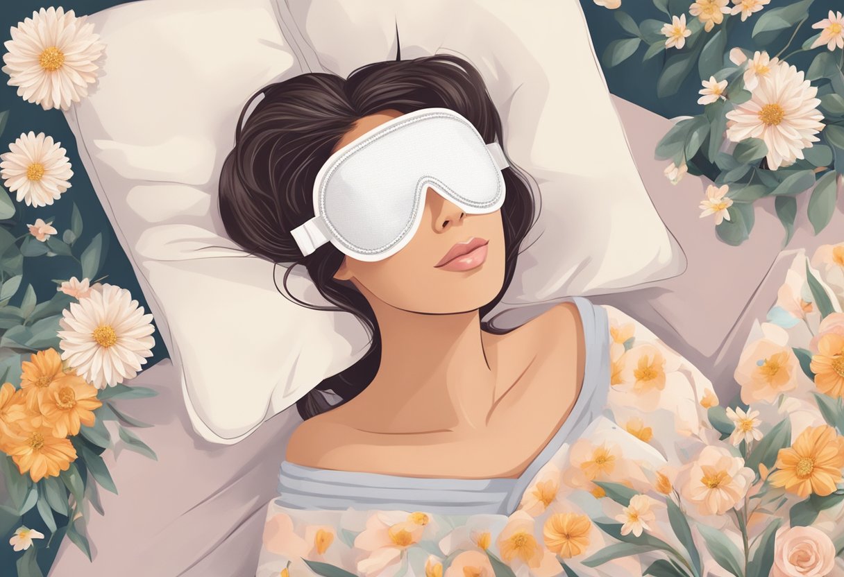 A woman's sleep mask surrounded by delicate flowers and soft pillows on a cozy bed