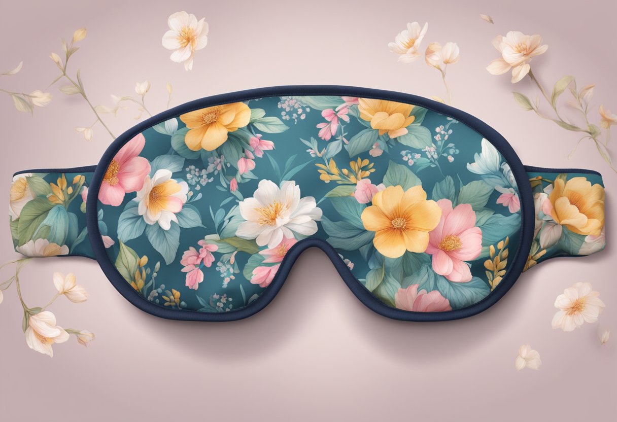 A woman's sleep mask with floral patterns, silk fabric, and adjustable straps on a bedside table