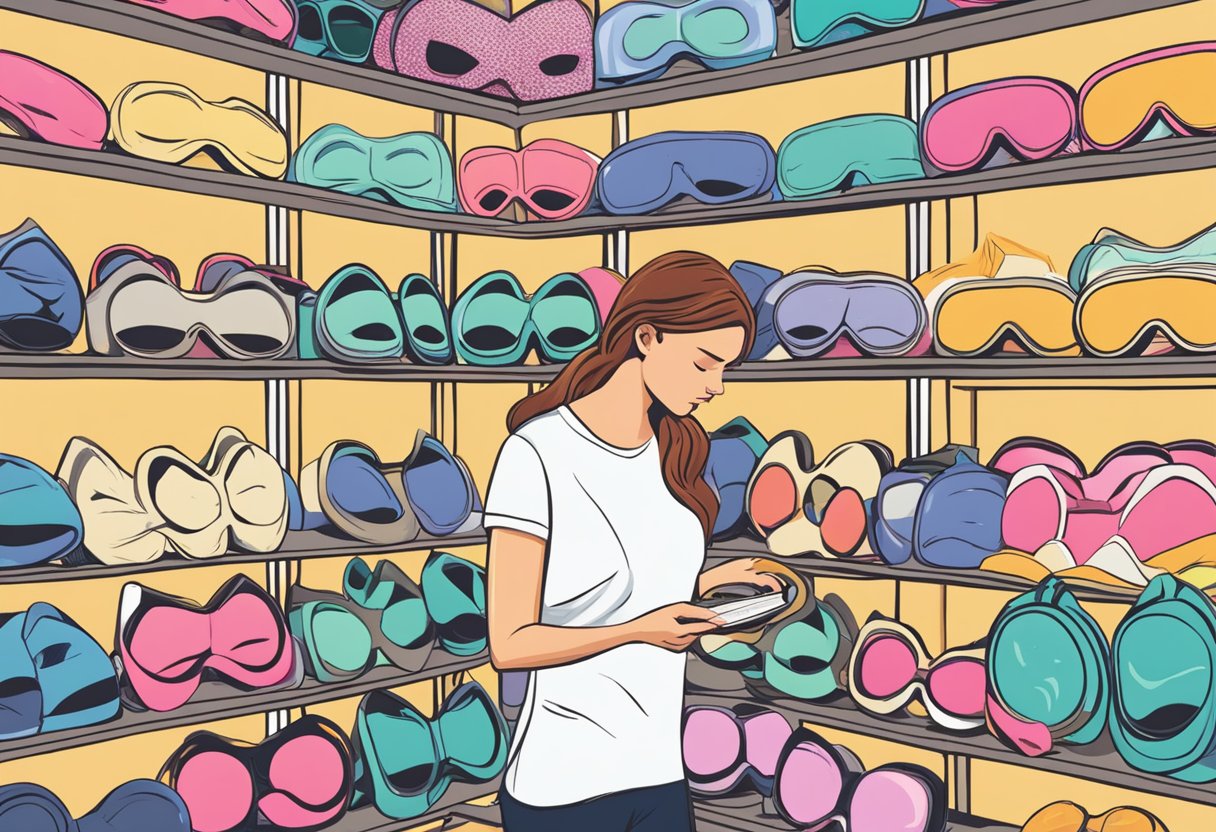 A woman browsing through an array of sleep masks, comparing different colors, patterns, and materials