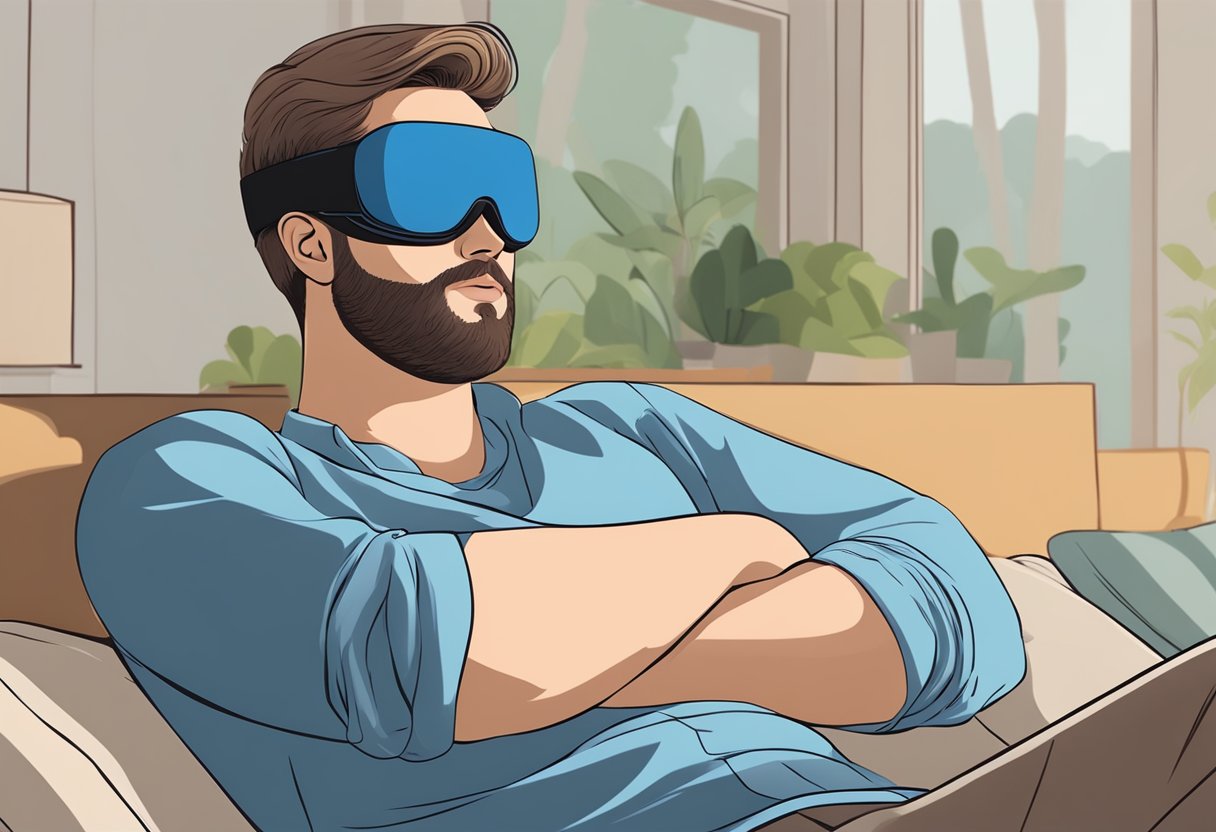 A person sleeping peacefully with a sleep mask on, while wearing a wireless bluetooth sleep mask