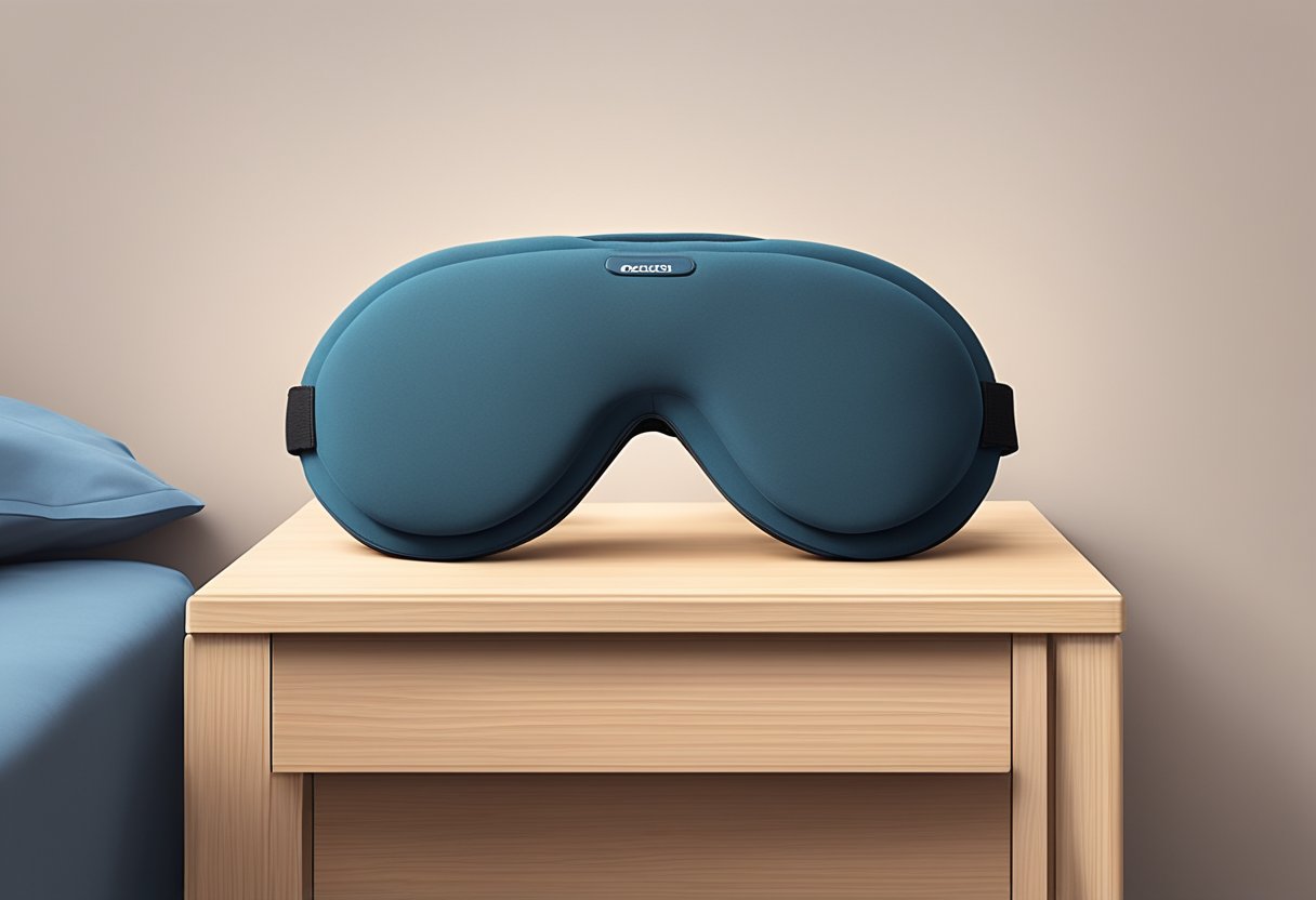 A sleep mask with integrated bluetooth technology resting on a bedside table