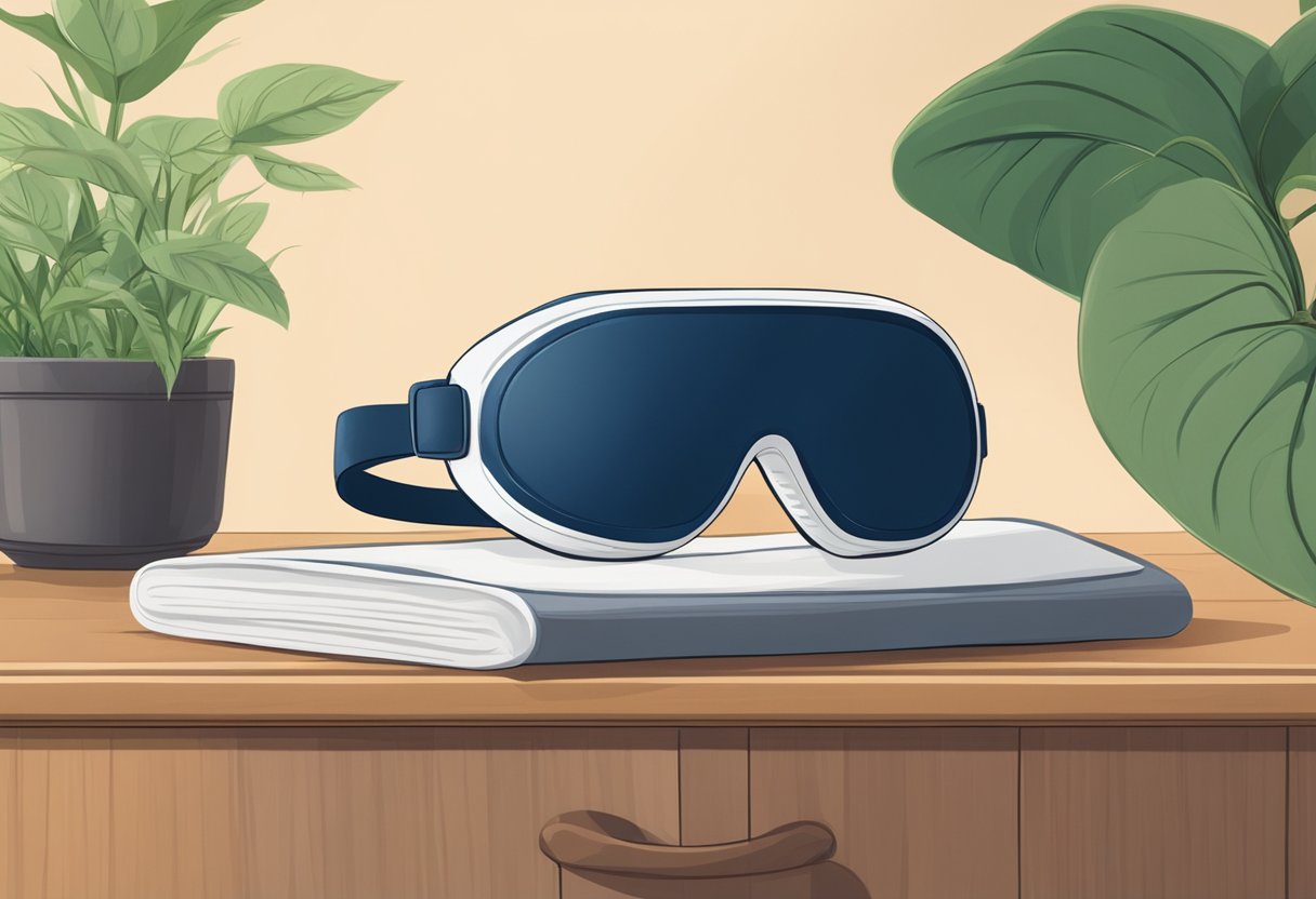 A sleep mask with built-in bluetooth rests on a wooden nightstand next to a potted plant