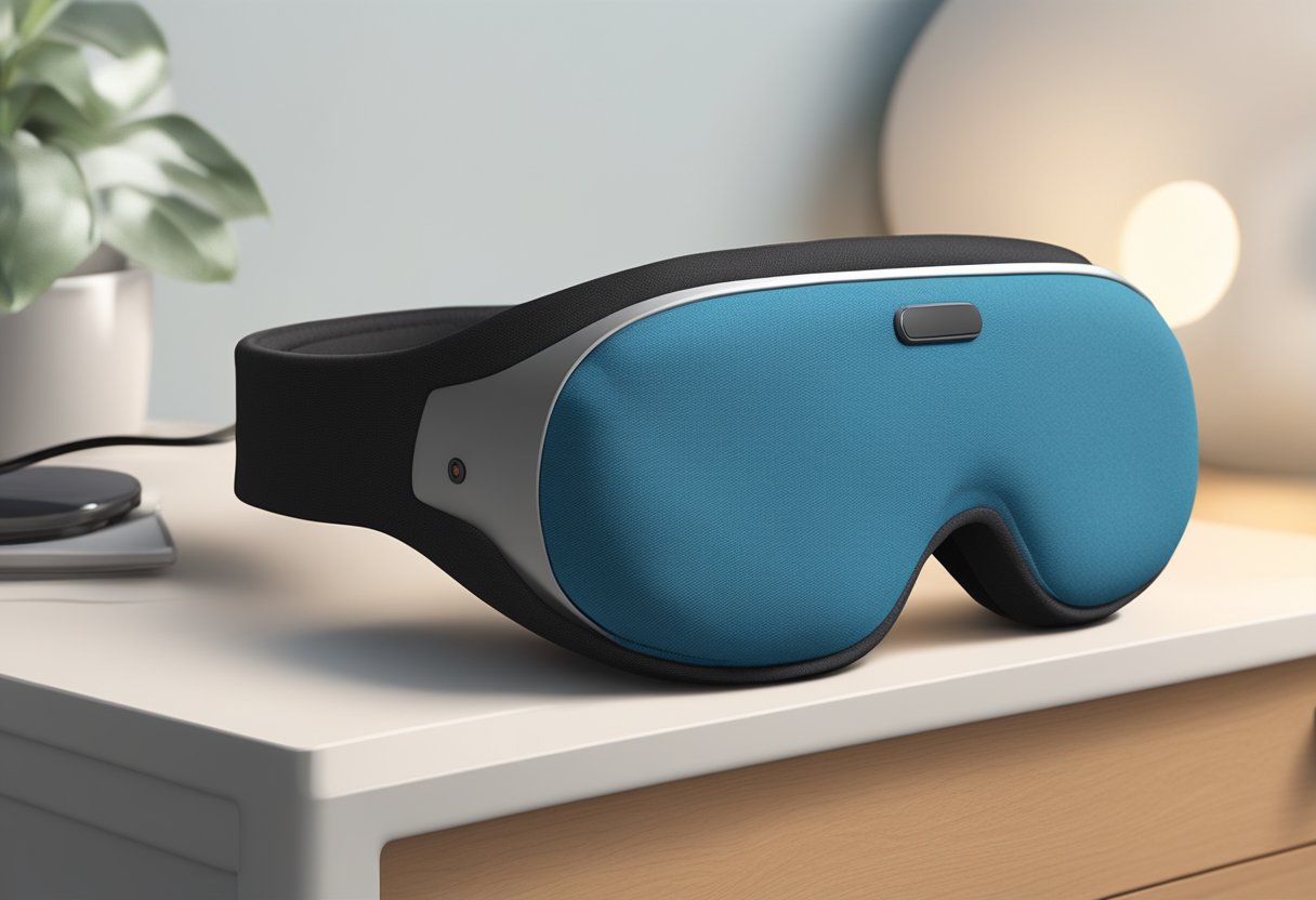 A sleep mask with built-in bluetooth rests on a bedside table