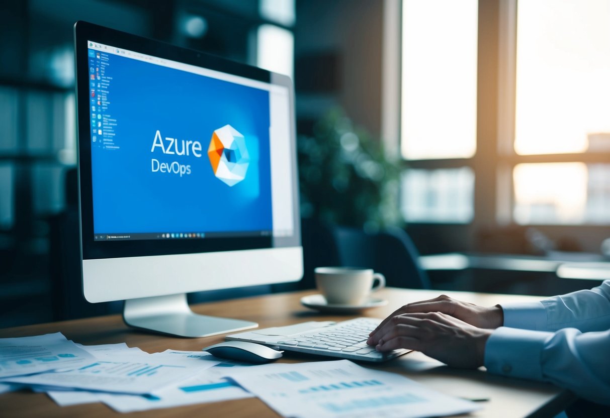 An office desk with a computer displaying the Azure DevOps platform, surrounded by scattered papers and a cup of coffee