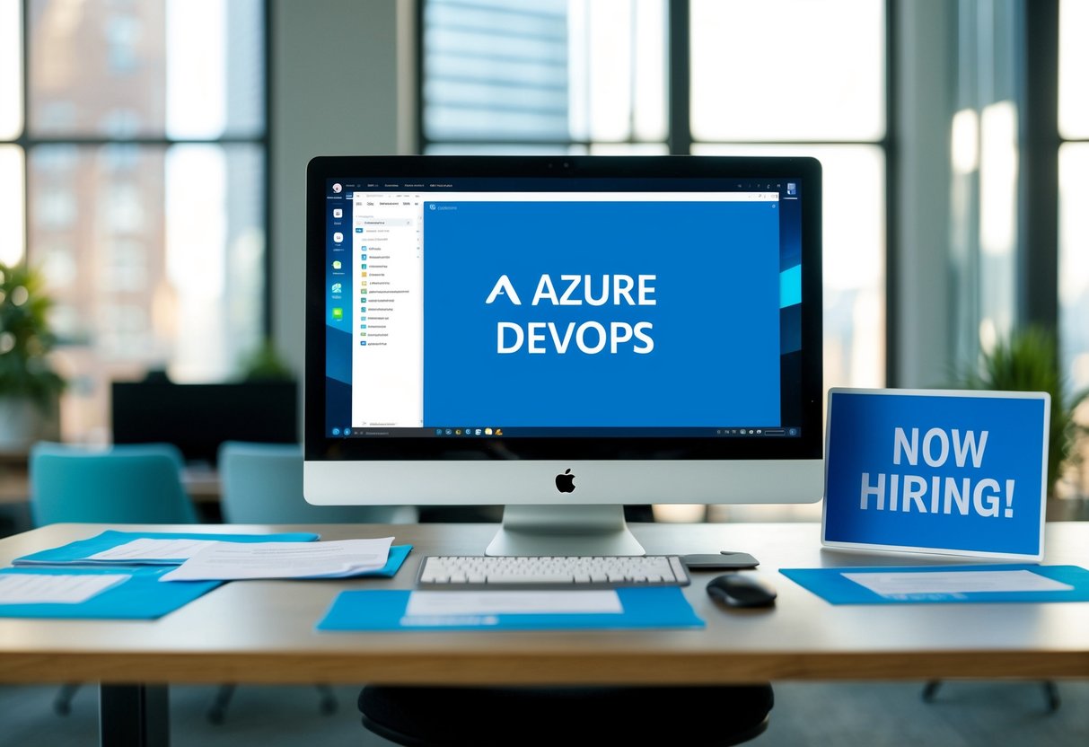 An office desk with a computer displaying the Azure DevOps platform, surrounded by job application forms and a "Now Hiring" sign