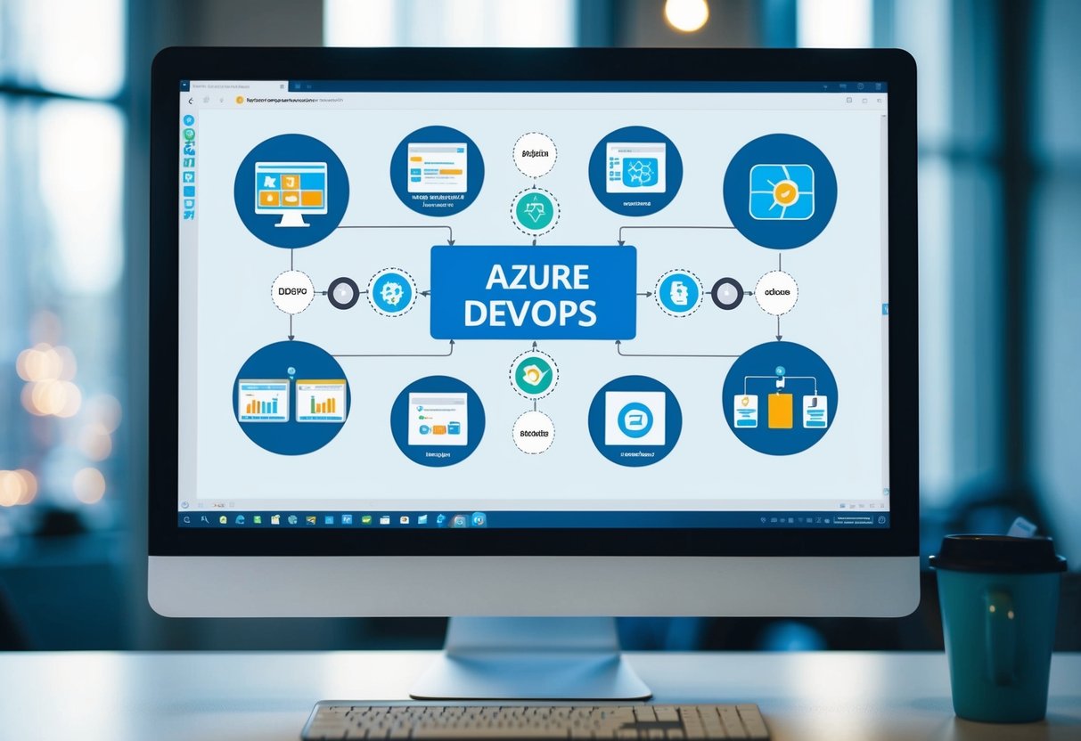 A computer screen showing the Azure DevOps platform with various technical skills being evaluated through coding and automation processes