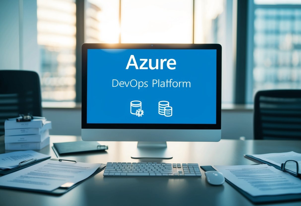 An office desk with a computer displaying the Azure DevOps platform, surrounded by legal documents and compliance guidelines