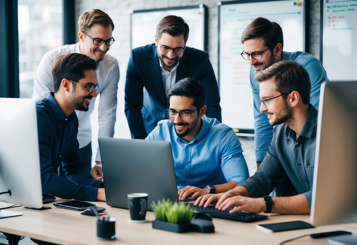 A group of PHP developers collaborating on code, surrounded by computer screens and whiteboards