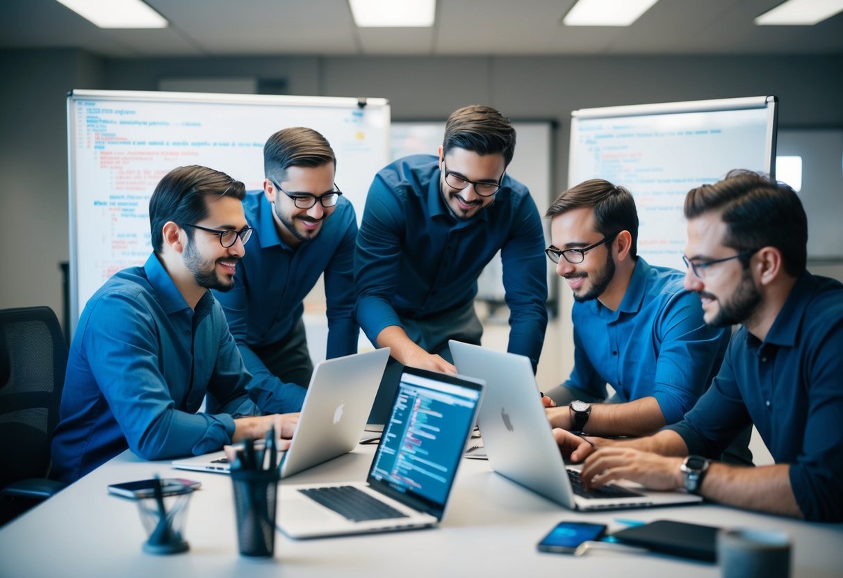 A group of PHP developers collaborating on various frameworks, surrounded by code, computers, and whiteboards