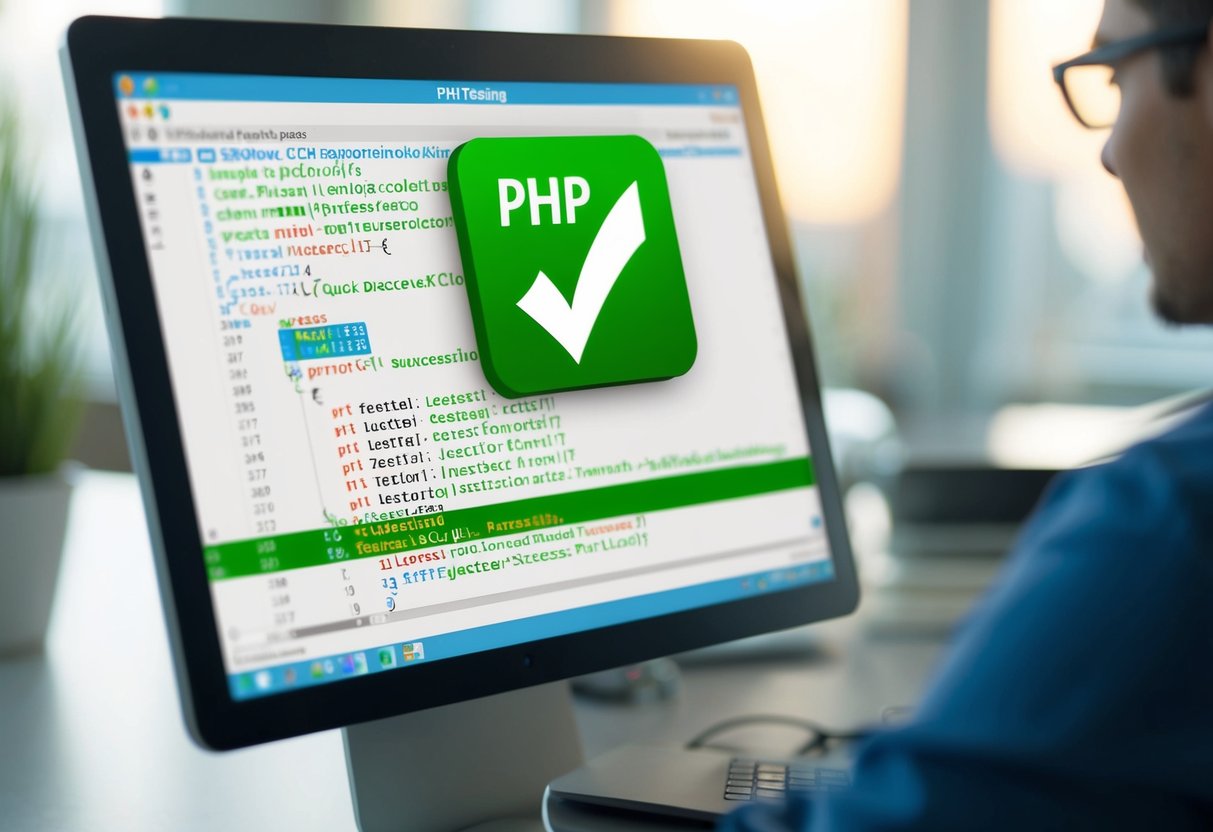 A computer screen displaying PHP testing code with a successful test result and a green checkmark icon