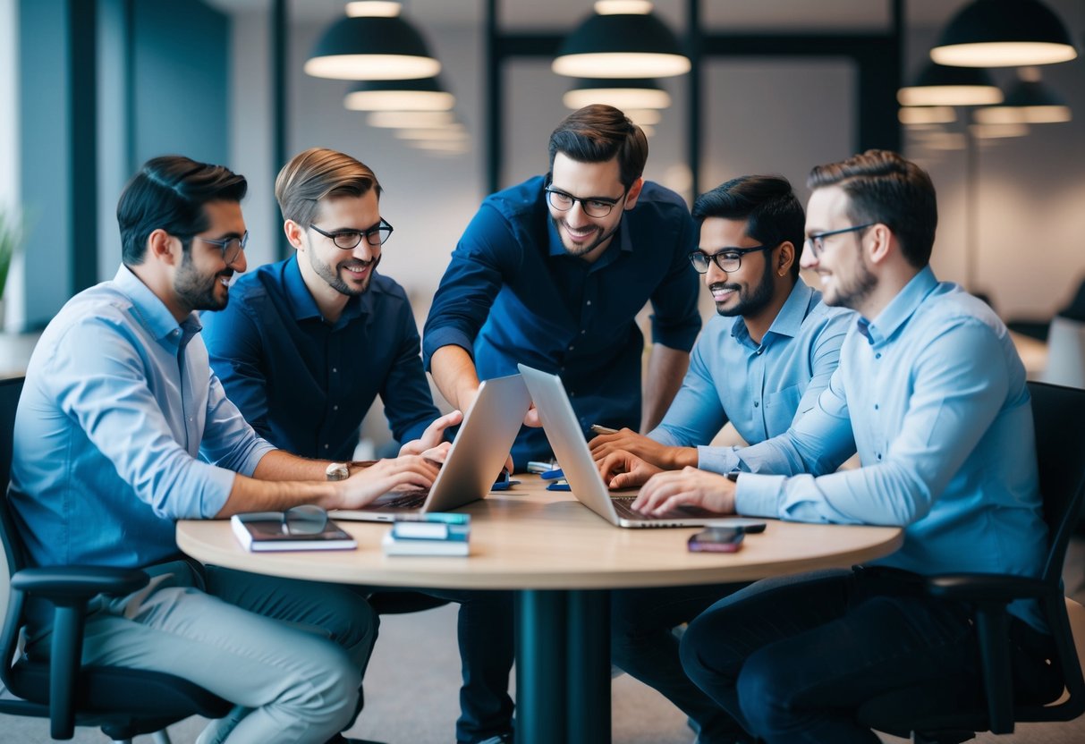 A group of PHP developers collaborating to build APIs in a modern office setting