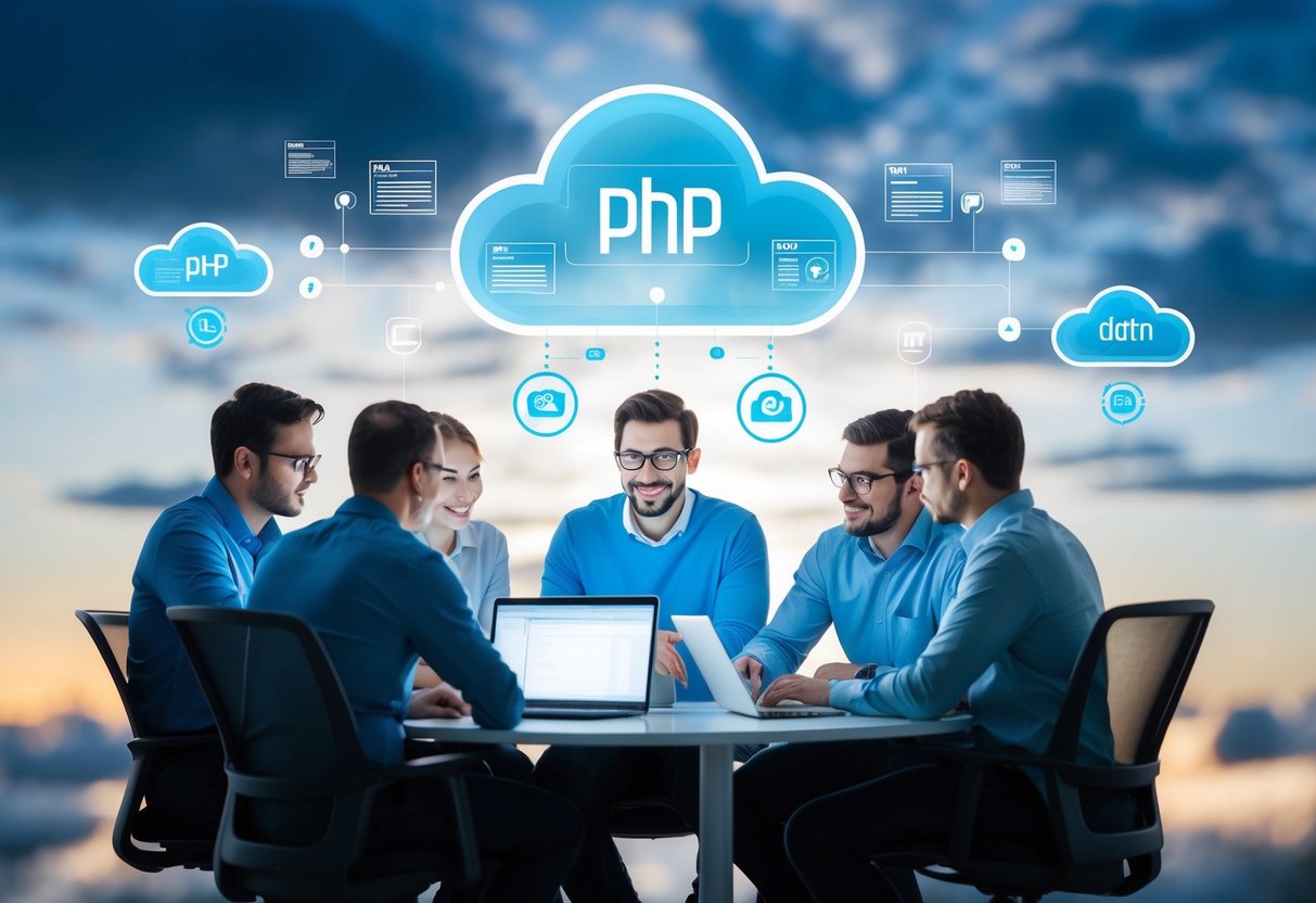 A group of PHP developers collaborating in a cloud-based environment, with code and data floating in the virtual space