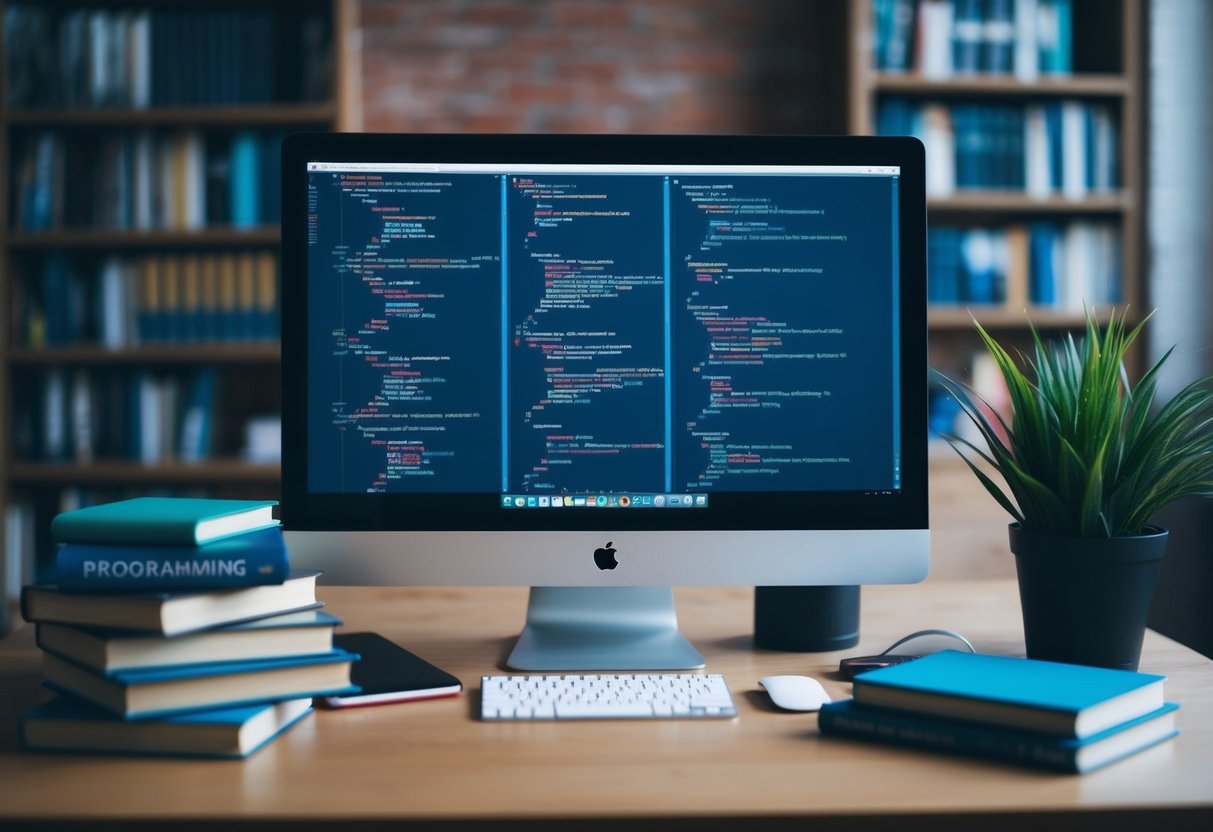 A computer screen displaying various coding languages and symbols, surrounded by books on programming and technology