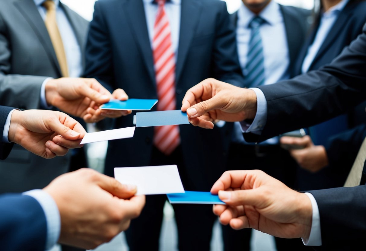 A group of professionals exchanging business cards at a networking event