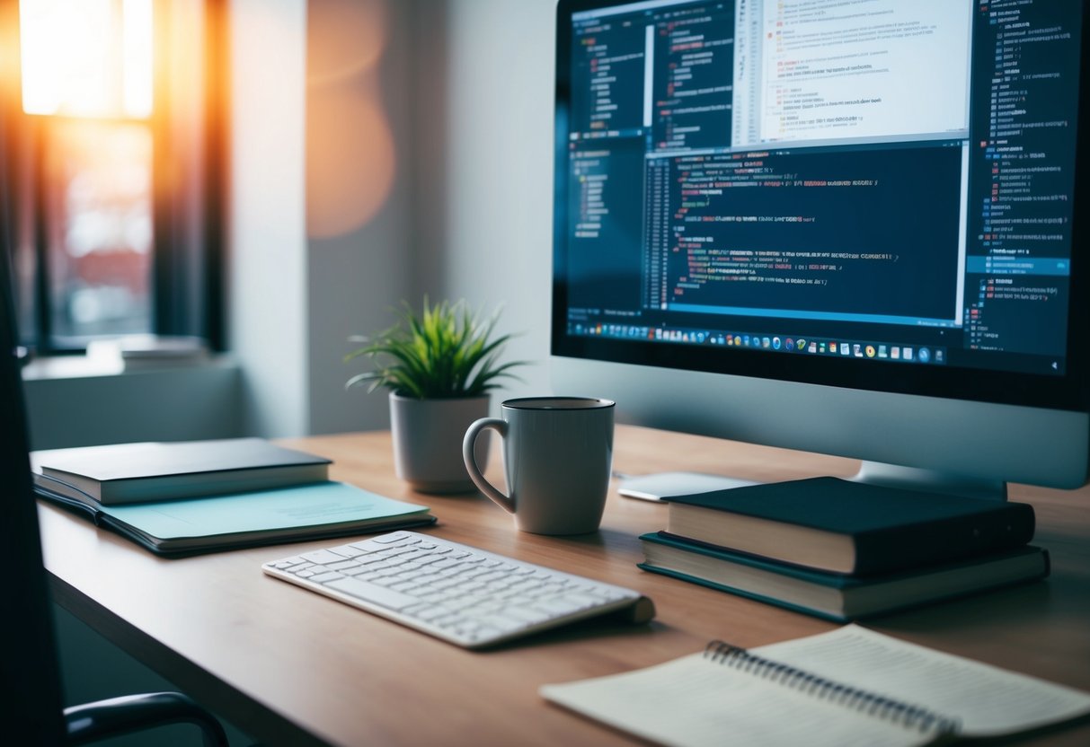 A desk with a computer, books, and coding notes. A mug of coffee and a potted plant add a personal touch