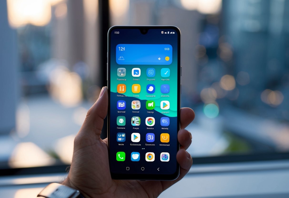 A smartphone displaying a sleek and intuitive Android user interface, with various app icons and widgets neatly arranged on the screen
