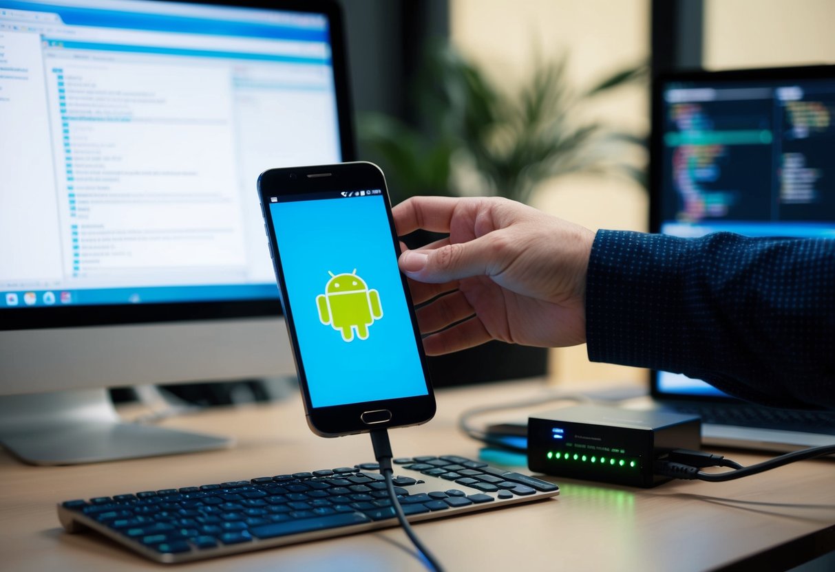 An android device connected to a computer screen, with a programmer's hand holding a USB cable and a testing device nearby